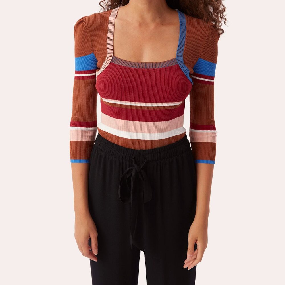 DVF Diane Von Furstenberg Brody Knit Sweater, Knit Stripe Wine Multi NWT